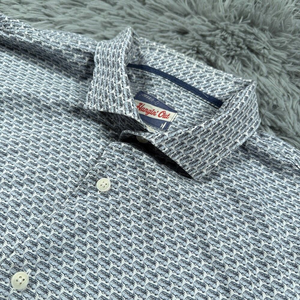 Jonnie-O Shirt XXL Blue White Button Up Hanging Out Car All Over Print Mens